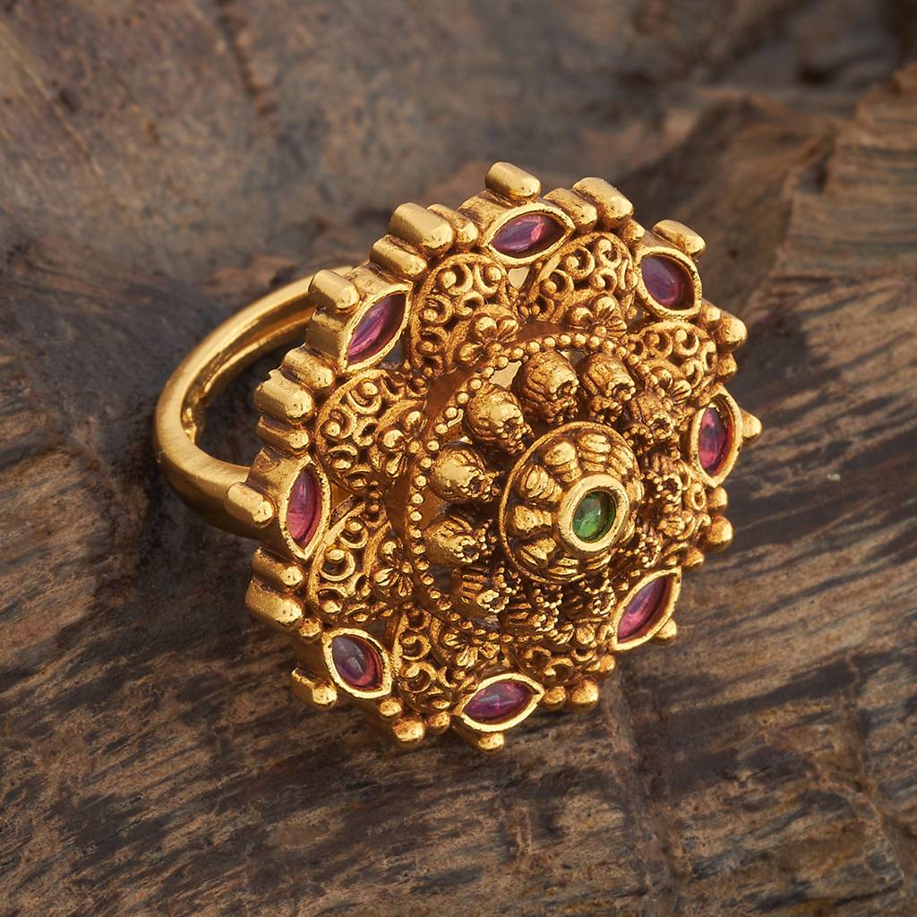 Kushal'S Fashion Jewellery Green Gold-Plated Ethnic Antique Finger Ring - 433556 : 433556