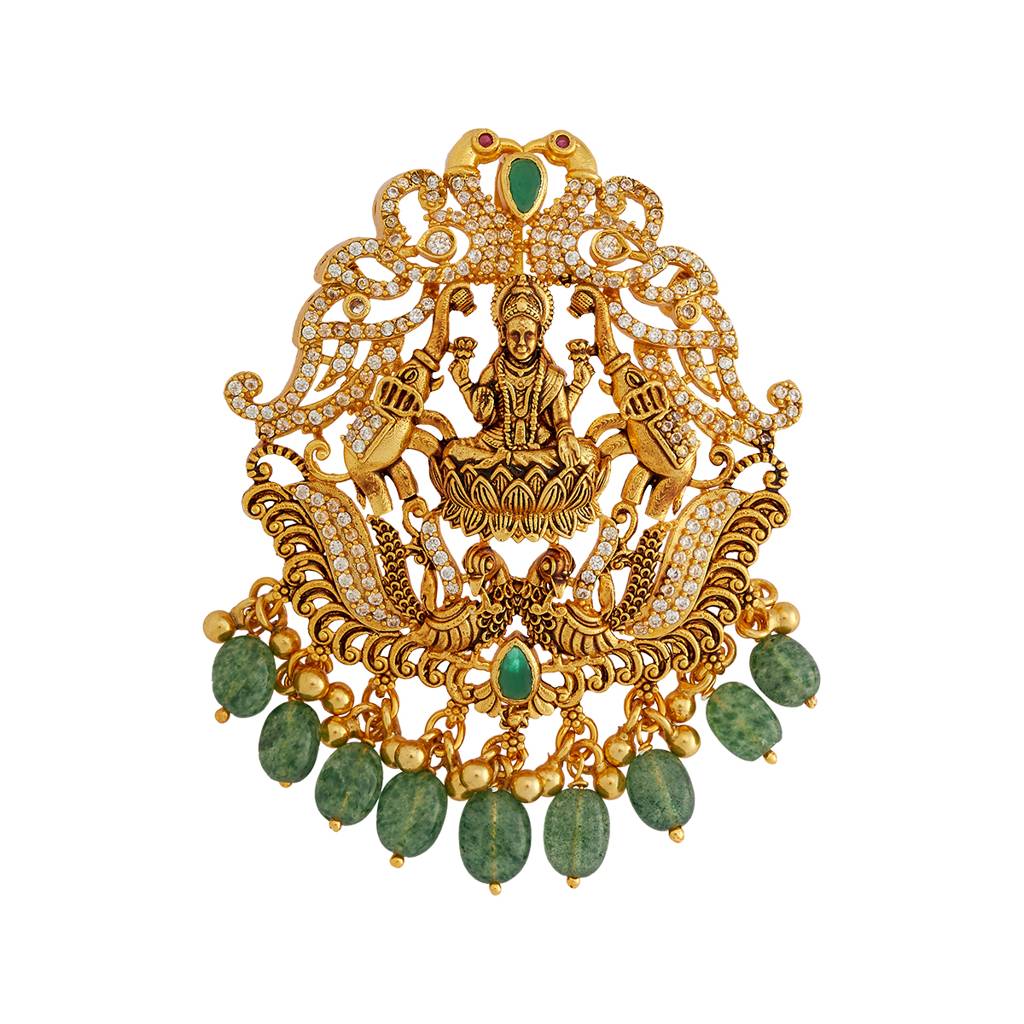 Kushal'S Fashion Jewellery Green Gold-Plated Ethnic 92.5 Pure Silver Temple Pendant - 436189 : 436189