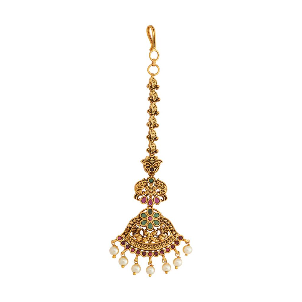 Kushal'S Fashion Jewellery Ruby-Green Gold-Plated Ethnic Antique Tikka - 434134 : 434134