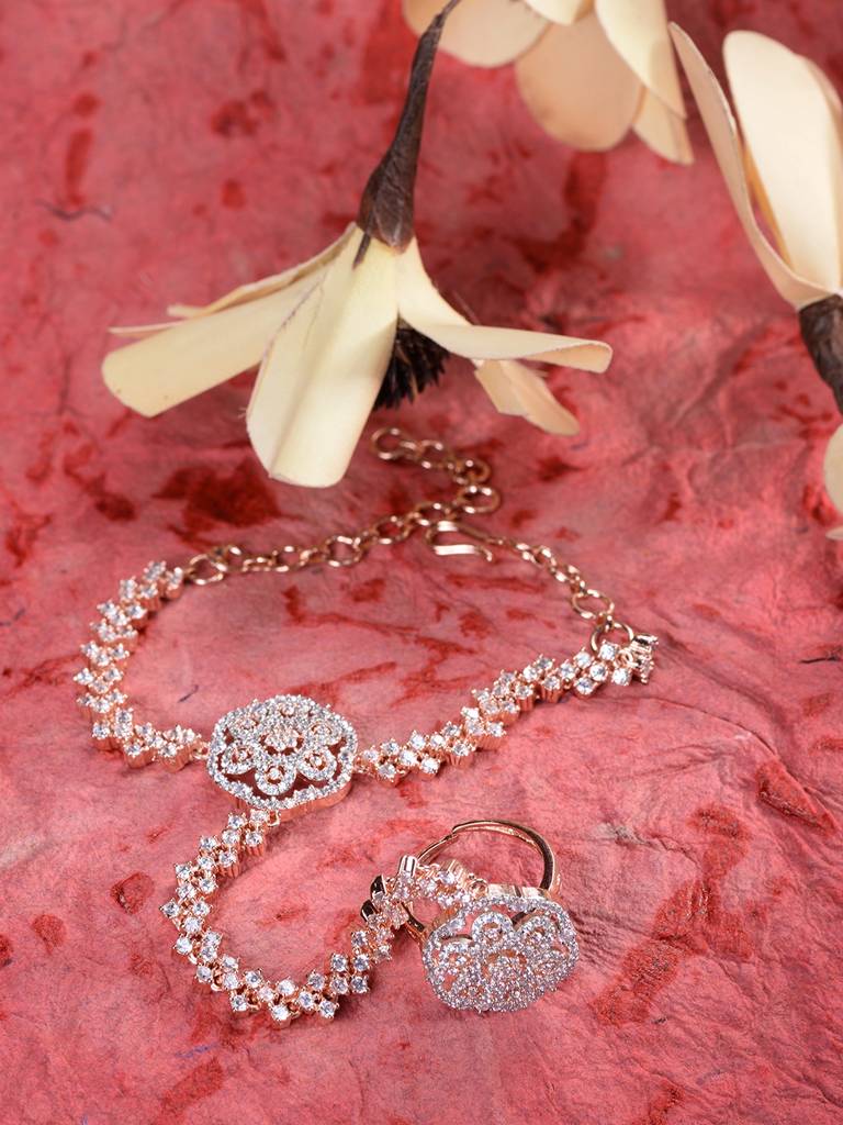 Rose Gold Plated Red Ad Studded Statement Necklace Jewellery Set : SJNK1817