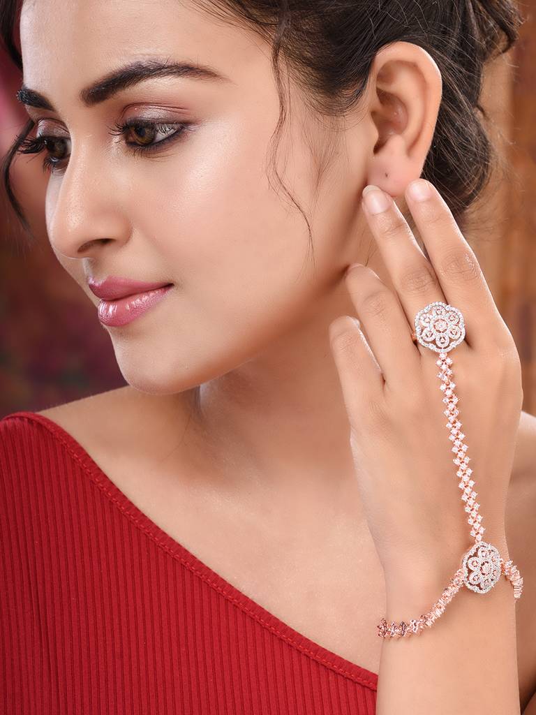 Rose Gold Plated Red Ad Studded Statement Necklace Jewellery Set : SJNK1817