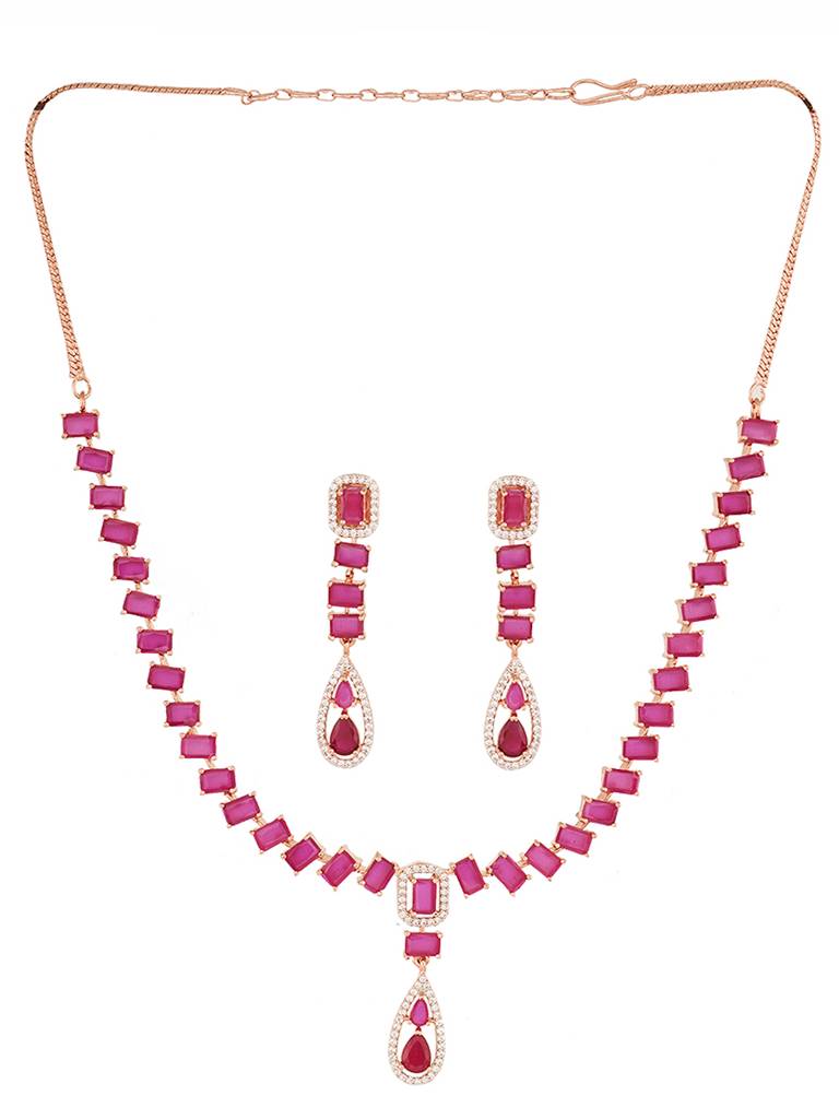 Rose Gold Toned Ruby Pink Ad Studded Minimal Necklace Jewellery Set : SJNK1818