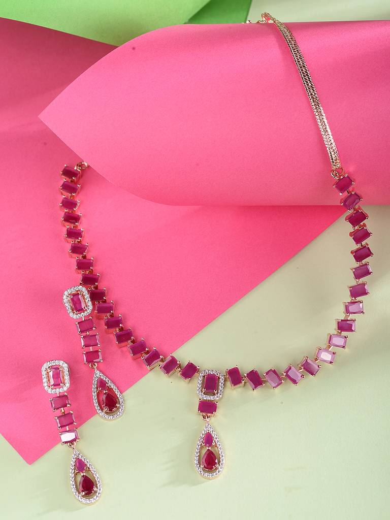 Rose Gold Toned Ruby Pink Ad Studded Minimal Necklace Jewellery Set : SJNK1818