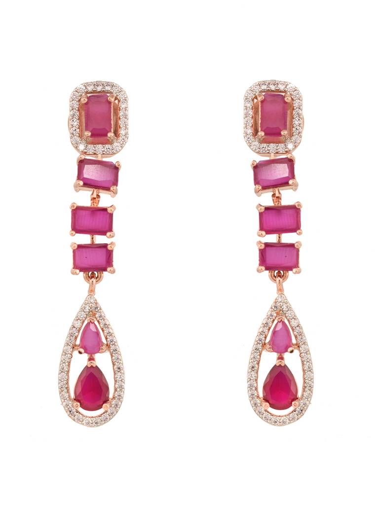 Rose Gold Toned Ruby Pink Ad Studded Minimal Necklace Jewellery Set : SJNK1818