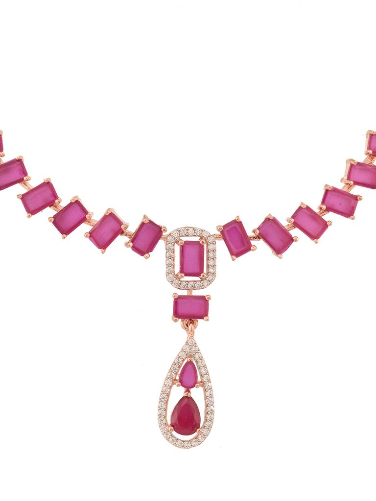 Rose Gold Toned Ruby Pink Ad Studded Minimal Necklace Jewellery Set : SJNK1818