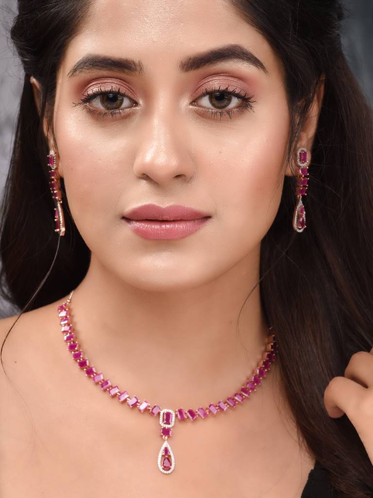 Rose Gold Toned Ruby Pink Ad Studded Minimal Necklace Jewellery Set : SJNK1818