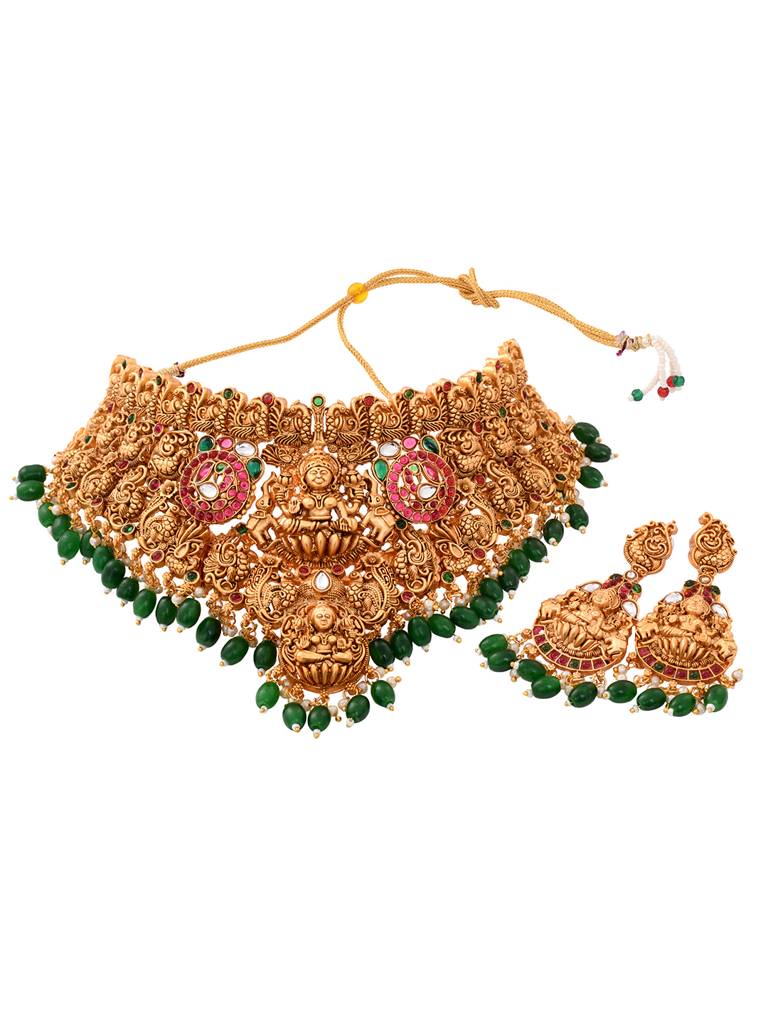 Gold Plated Kemp Stone Studded Lakshmi Design With Dangling Green Beads Choker Jewellery Set : SJNK1820
