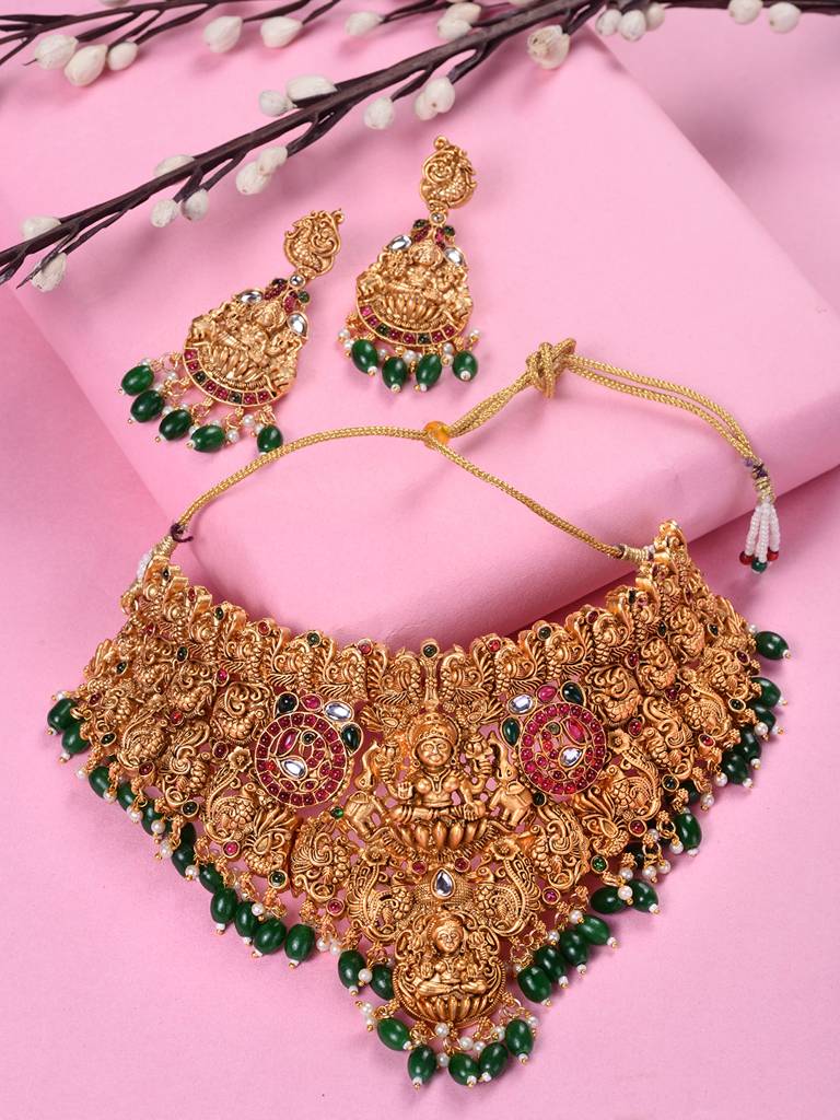 Gold Plated Kemp Stone Studded Lakshmi Design With Dangling Green Beads Choker Jewellery Set : SJNK1820