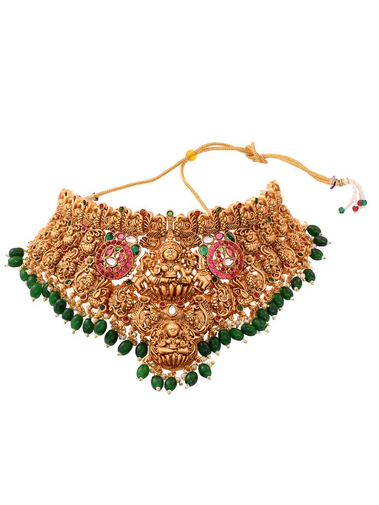 Gold Plated Kemp Stone Studded Lakshmi Design With Dangling Green Beads Choker Jewellery Set : SJNK1820