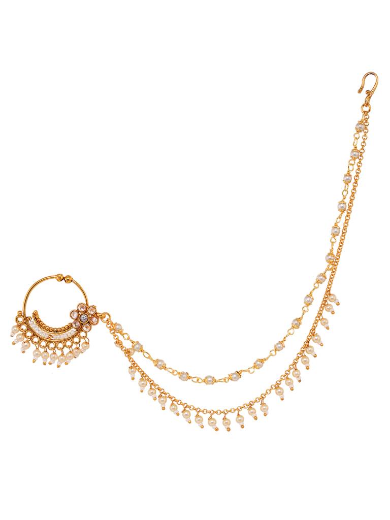 Gold Toned White Pearl Beaded Designer Nath Nose Ring With Chain : SJNT1821
