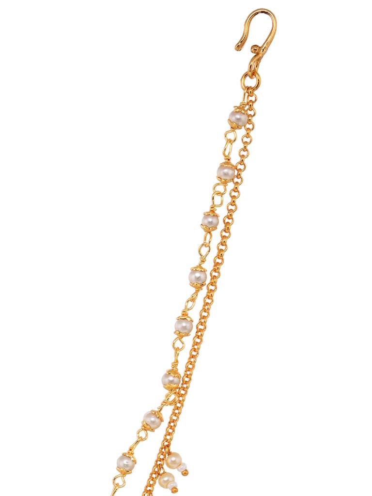 Gold Toned White Pearl Beaded Designer Nath Nose Ring With Chain : SJNT1821