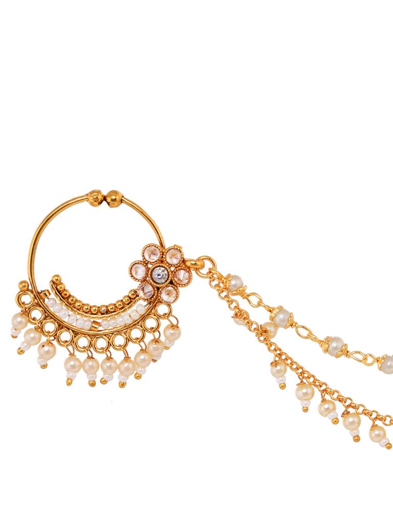 Gold Toned White Pearl Beaded Designer Nath Nose Ring With Chain : SJNT1821