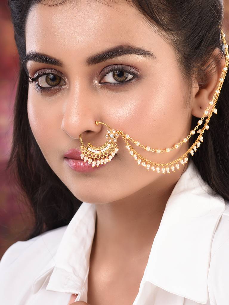 Gold Toned White Pearl Beaded Designer Nath Nose Ring With Chain : SJNT1821