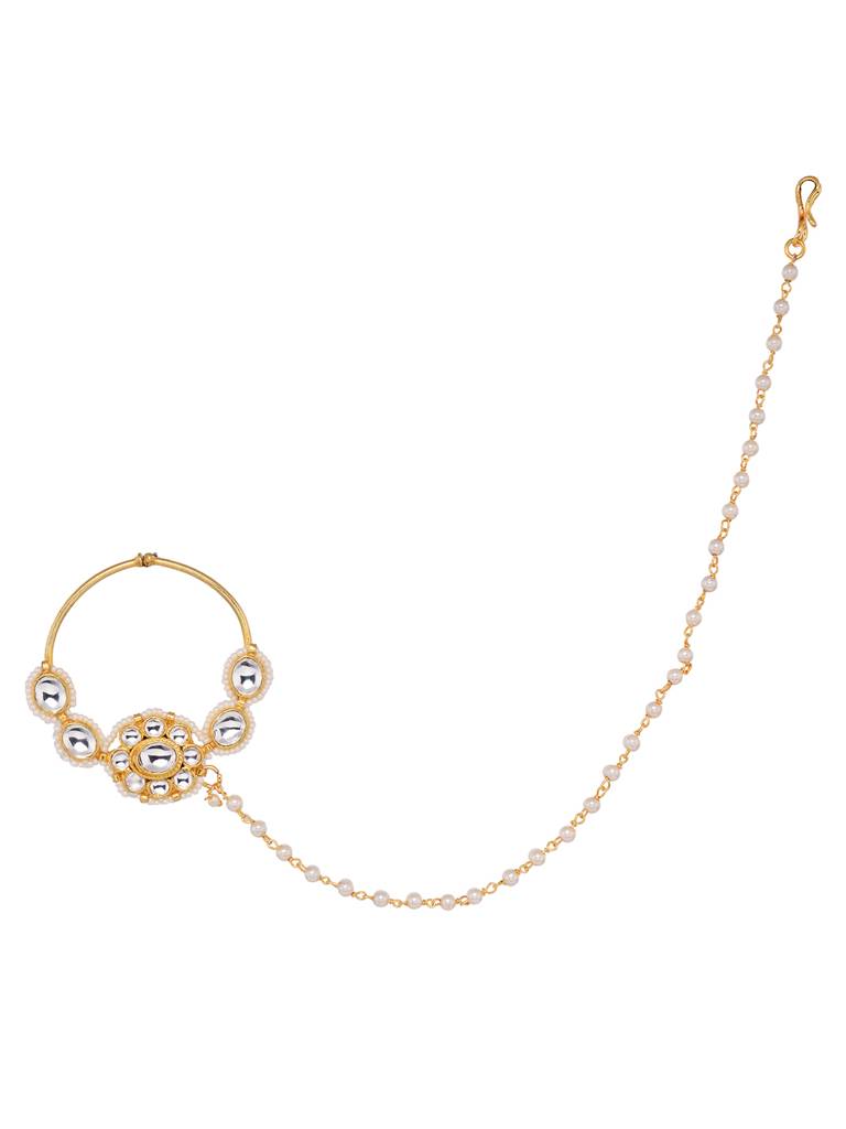 Gold Plated White Kundan Studded Floral Design Nath For Modern Brides : SJNT1823