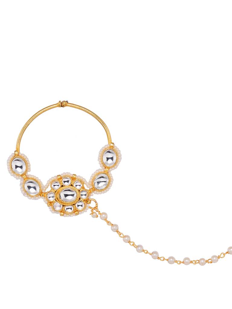 Gold Plated White Kundan Studded Floral Design Nath For Modern Brides : SJNT1823