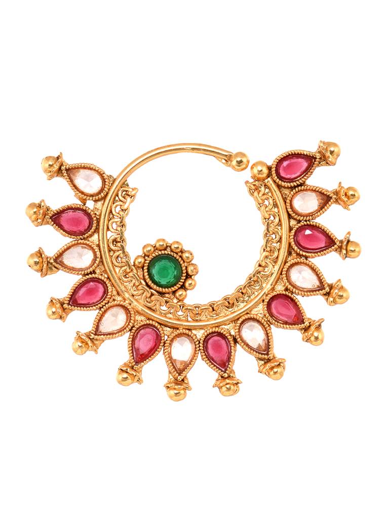 Gold Plated Red Polki Studded Modern Nose Ring : SJNT1825