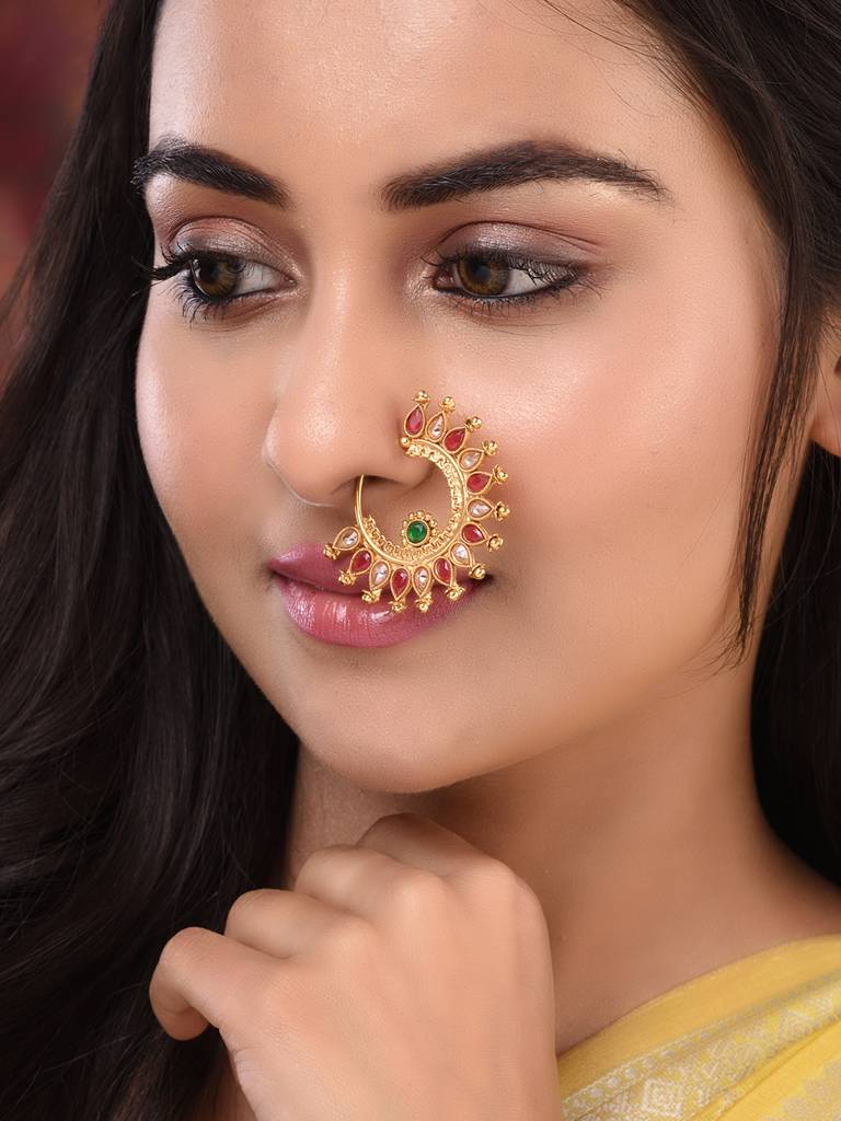 Gold Plated Red Polki Studded Modern Nose Ring : SJNT1825