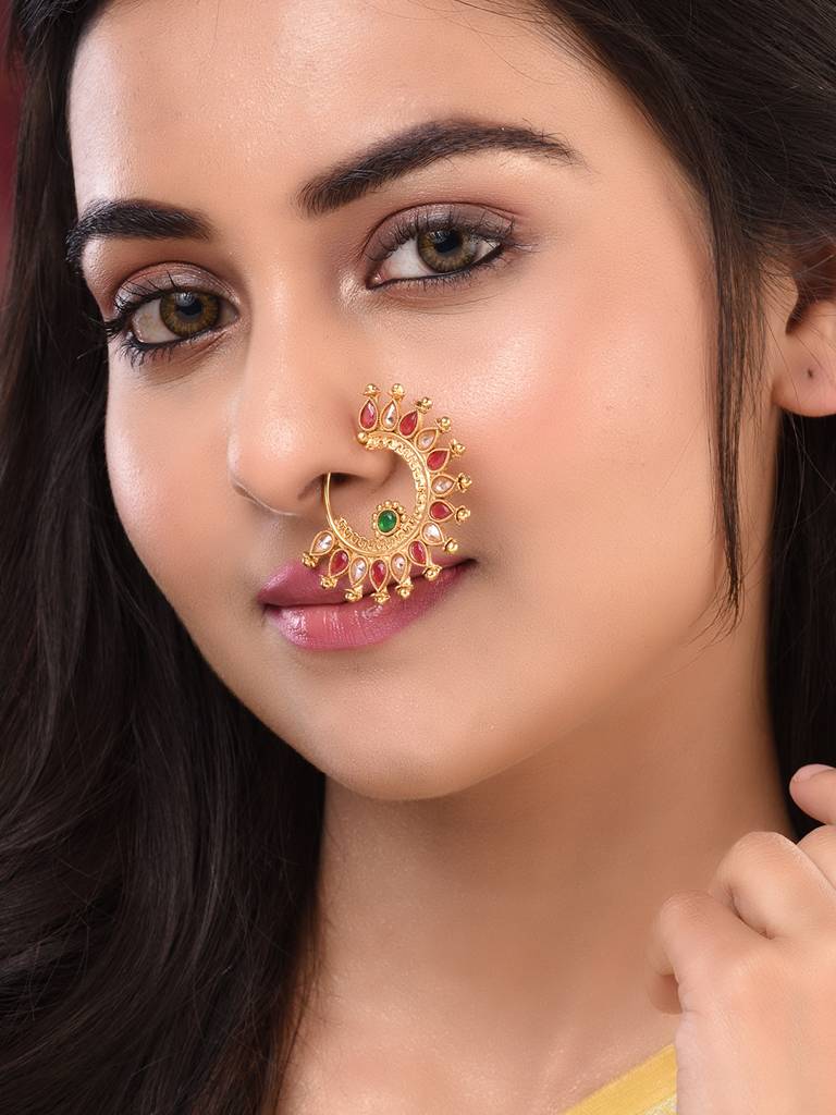 Gold Plated Red Polki Studded Modern Nose Ring : SJNT1825