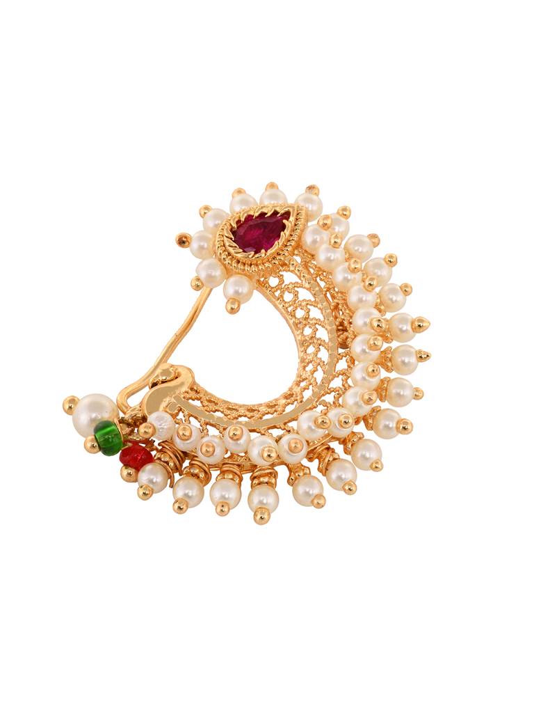 Gold Plated White Pearl Beaded Peshwai Moti  Nath : SJNT1826