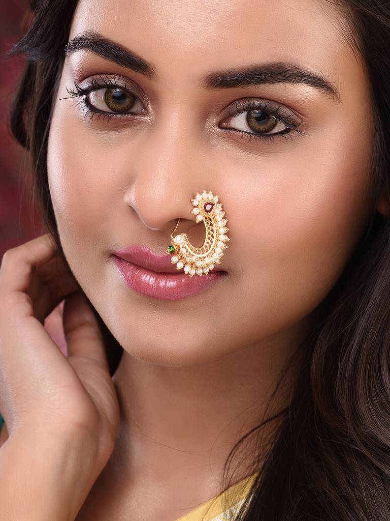 Gold Plated White Pearl Beaded Peshwai Moti  Nath : SJNT1826