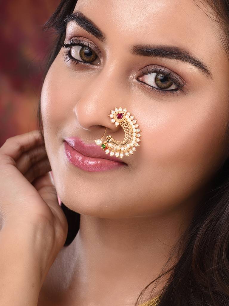 Gold Plated White Pearl Beaded Peshwai Moti Nath Gold Plated