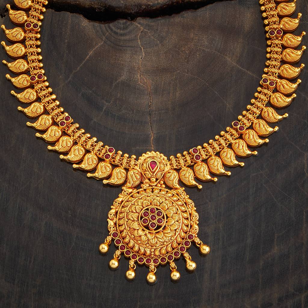 Kushal'S Fashion Jewellery Ruby Gold-Plated Ethnic 92.5 Pure Silver Temple Necklace - 436193 : 436193
