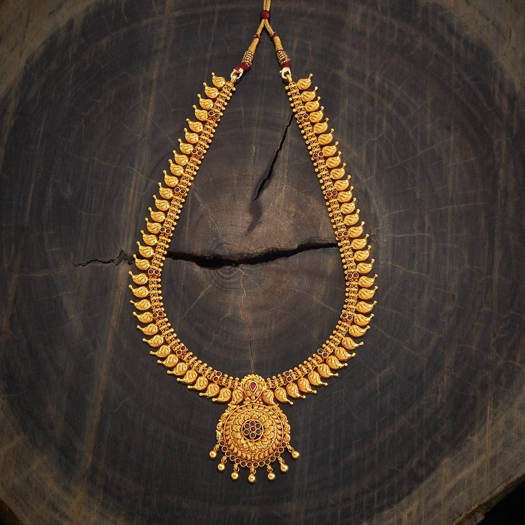 Kushal'S Fashion Jewellery Ruby Gold-Plated Ethnic 92.5 Pure Silver Temple Necklace - 436193 : 436193