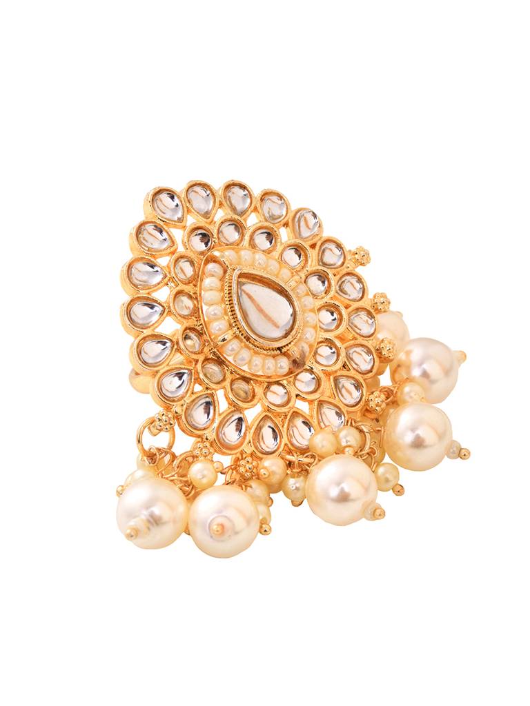 Gold Toned White Kundan Studded & Pearl Beaded Ring : SJRG1827