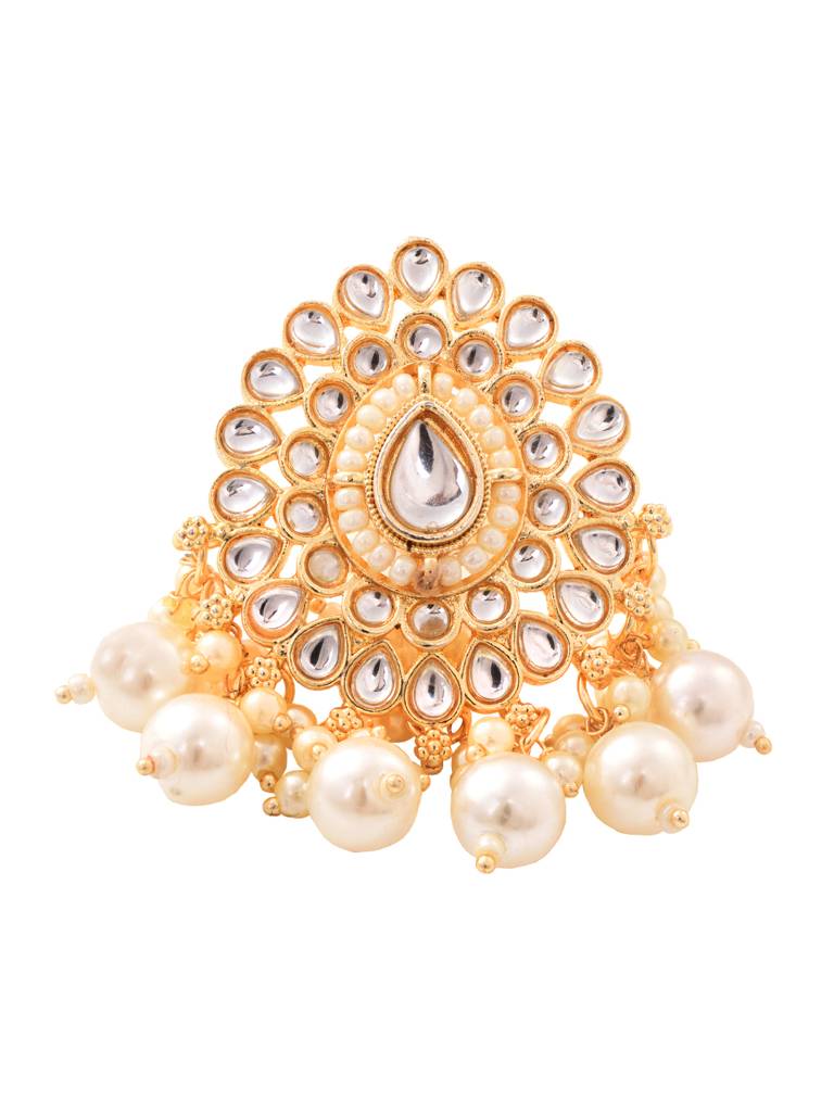 Gold Toned White Kundan Studded & Pearl Beaded Ring : SJRG1827
