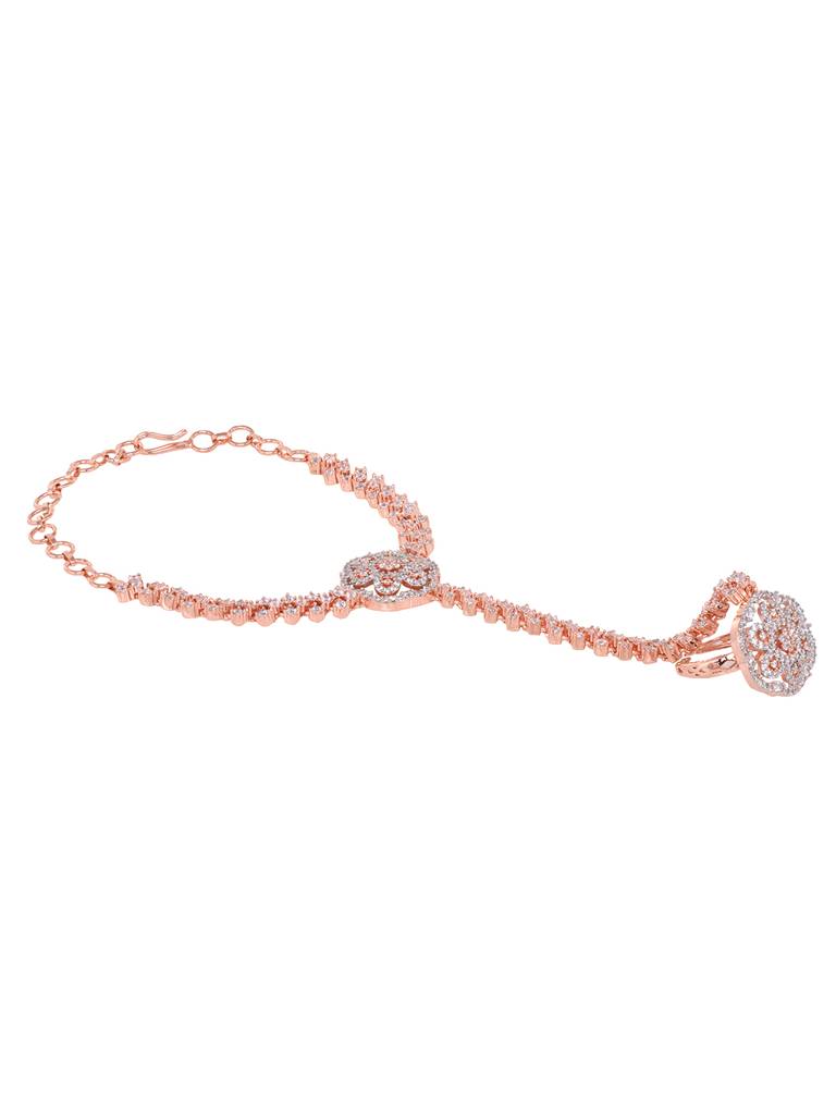 Rose Gold Plated Ad Studded Bridal Hathphool Ring Bracelet : SJHP1828