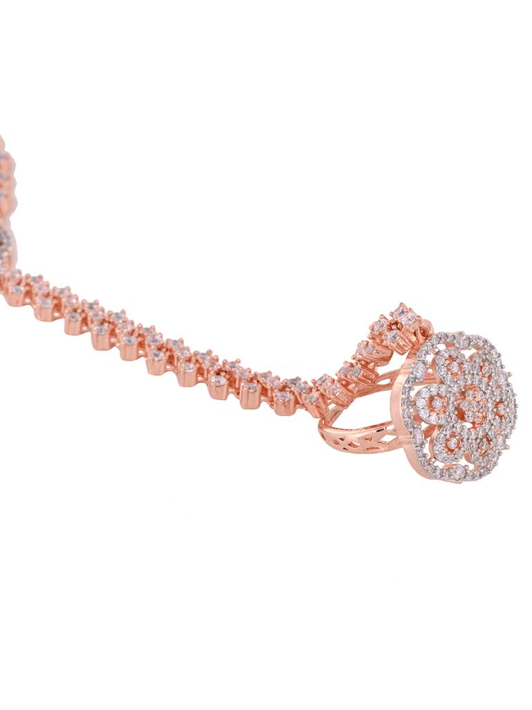 Rose Gold Plated Ad Studded Bridal Hathphool Ring Bracelet : SJHP1828