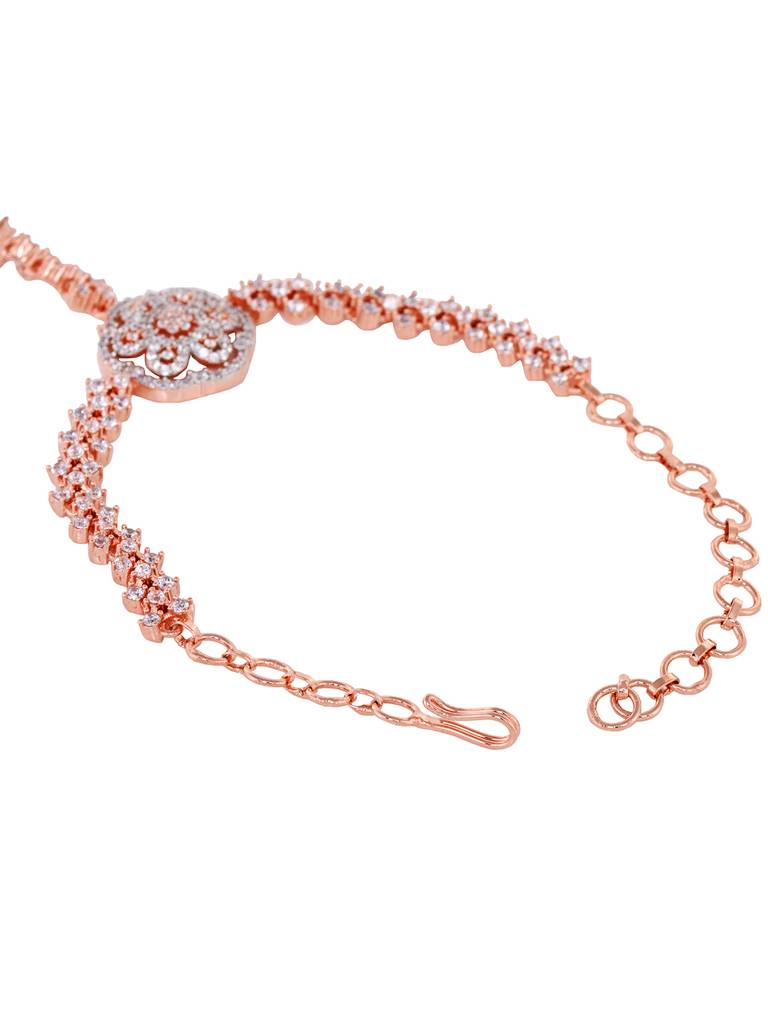 Rose Gold Plated Ad Studded Bridal Hathphool Ring Bracelet : SJHP1828