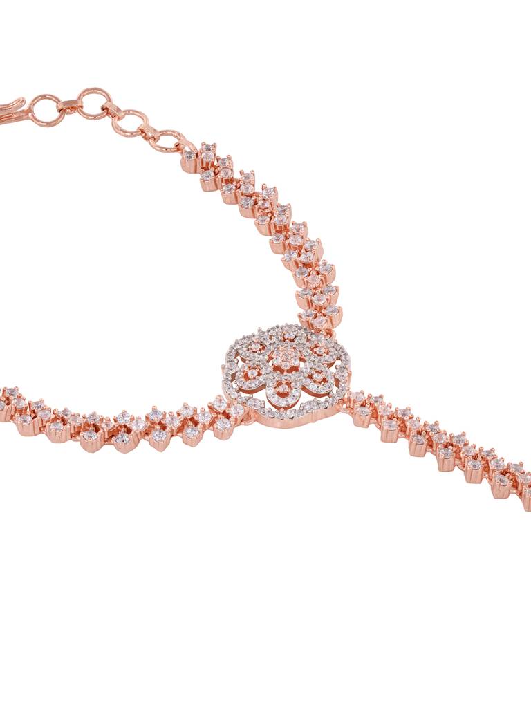 Rose Gold Plated Ad Studded Bridal Hathphool Ring Bracelet : SJHP1828