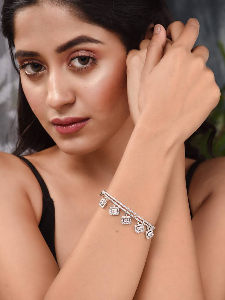 Silver Plated Ad Studded Minimal Charms Kada Bracelet : SJBR1829