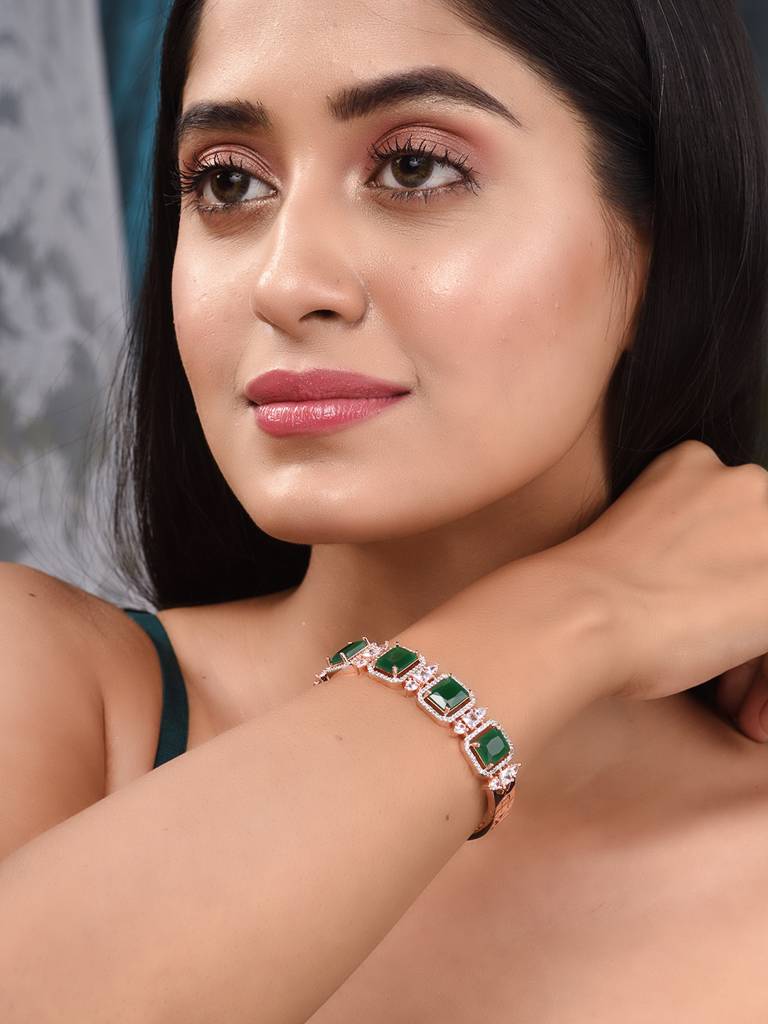 Rose Gold Plated Green Emerald Studded Statement Bracelet : SJBR1830