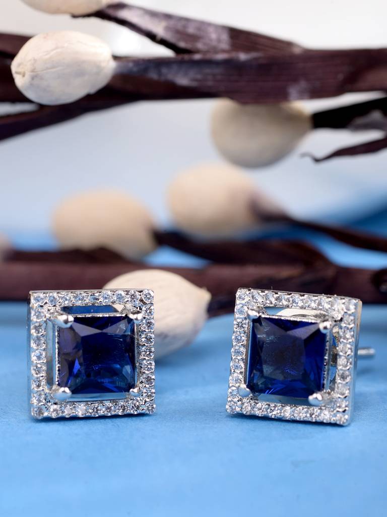 Silver Plated Blue Ad Studded Studs Earring : SJER1837