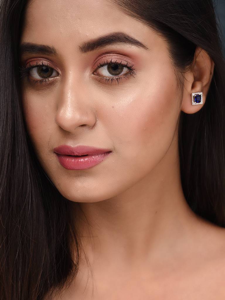 Silver Plated Blue Ad Studded Studs Earring : SJER1837