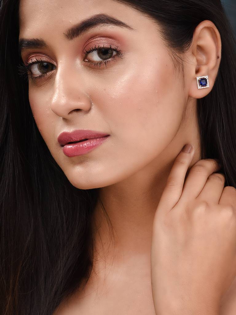 Silver Plated Blue Ad Studded Studs Earring : SJER1837