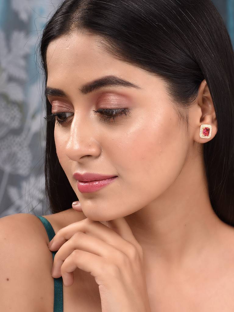 Gold Plated Red Ad Studded Studs Earring : SJER1840