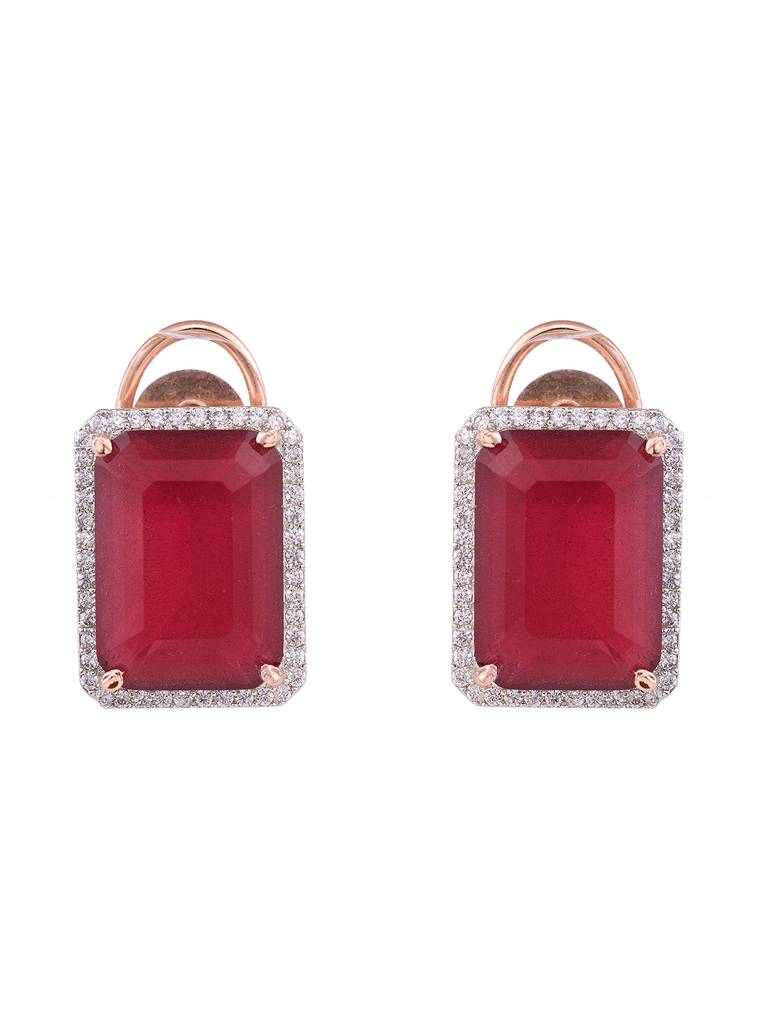 Rose Gold Toned Red Faux Glass Studded Statement Earrings : SJER1842