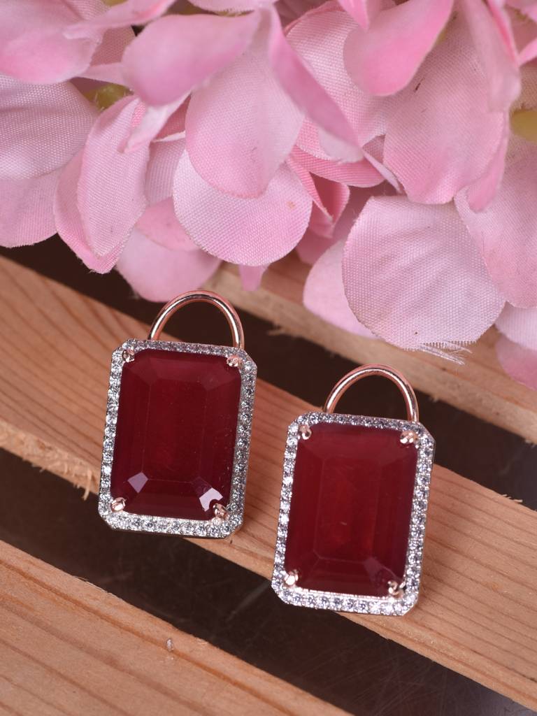 Rose Gold Toned Red Faux Glass Studded Statement Earrings : SJER1842