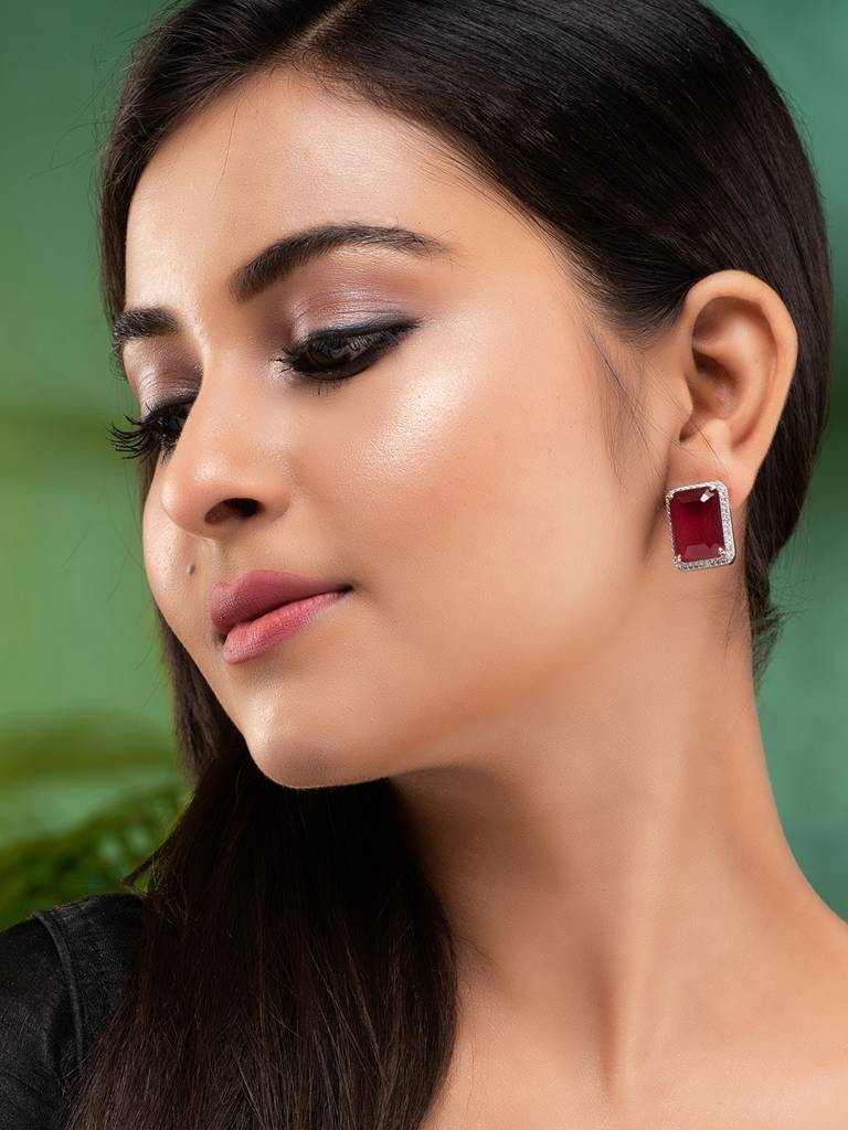 Rose Gold Toned Red Faux Glass Studded Statement Earrings : SJER1842
