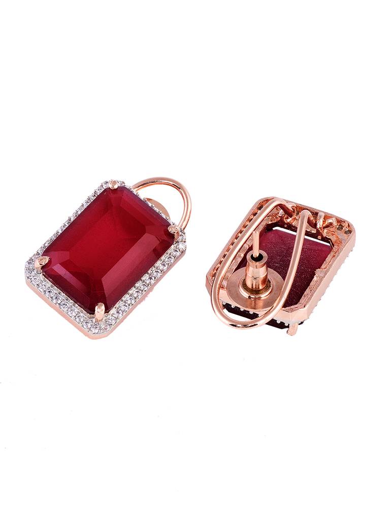 Rose Gold Toned Red Faux Glass Studded Statement Earrings : SJER1842