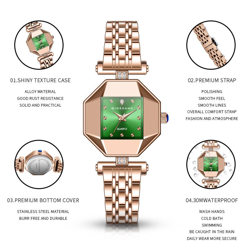 Giordano Dress Watch For Women Â Rose Gold Finish, Diamond Accented Octagonal Dial & Stainless Steel Strap-Gz- : GZ-60096-33
