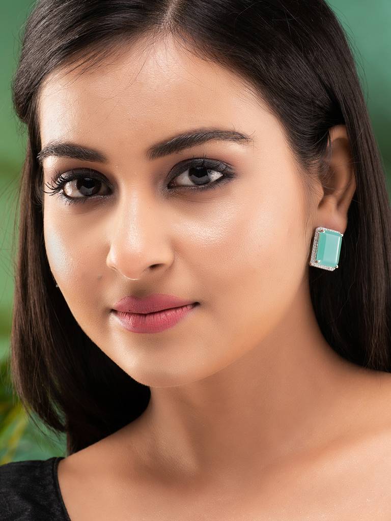 Siver Plated Turquoise Faux Glass Studded Statement Studs Earrings : SJER1846
