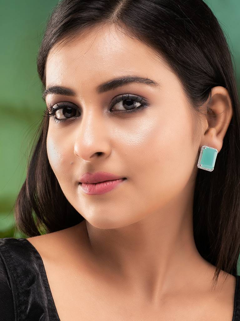 Siver Plated Turquoise Faux Glass Studded Statement Studs Earrings : SJER1846