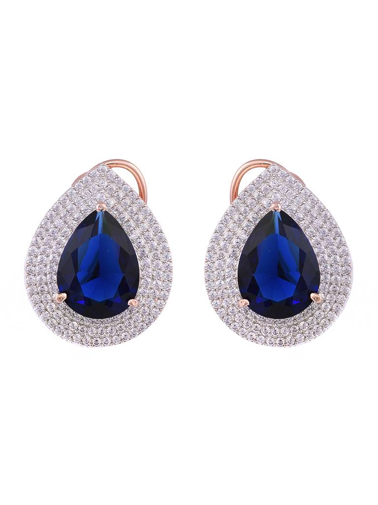 Rose Gold Toned Blue Sapphire Studded Teardrop Statement Studs Earrings : SJER1847