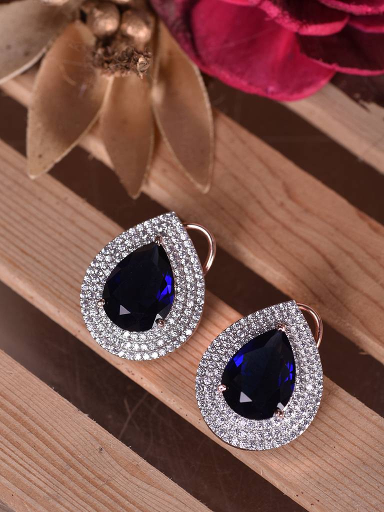 Rose Gold Toned Blue Sapphire Studded Teardrop Statement Studs Earrings : SJER1847