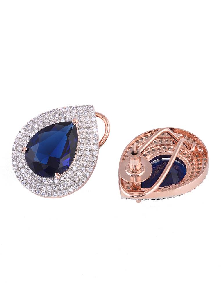 Rose Gold Toned Blue Sapphire Studded Teardrop Statement Studs Earrings : SJER1847