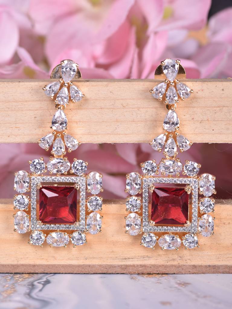 Gold Toned Ruby Studded Chandelier Drop Earrings : SJER1848